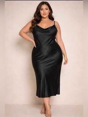 Ava & Viv Black Satin Draped Front Black Midi Dress Women’s XXL